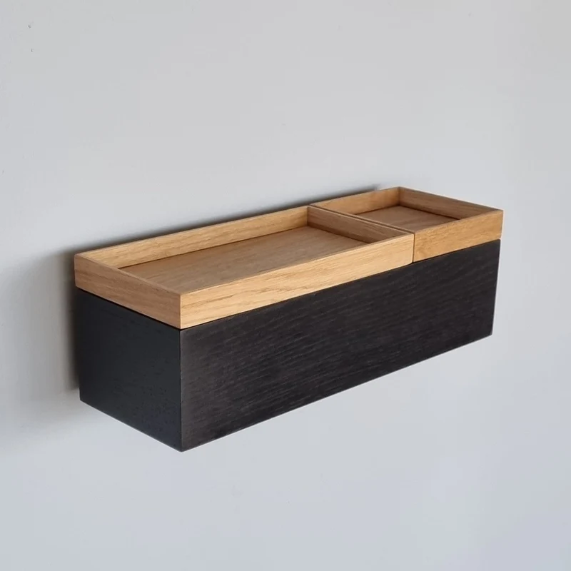 schmale Wandkonsole massive Eiche schwarz 36cm zwei Tabletts