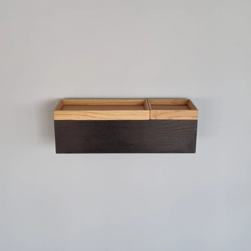 schmale Wandkonsole massive Eiche schwarz 36cm zwei Tabletts