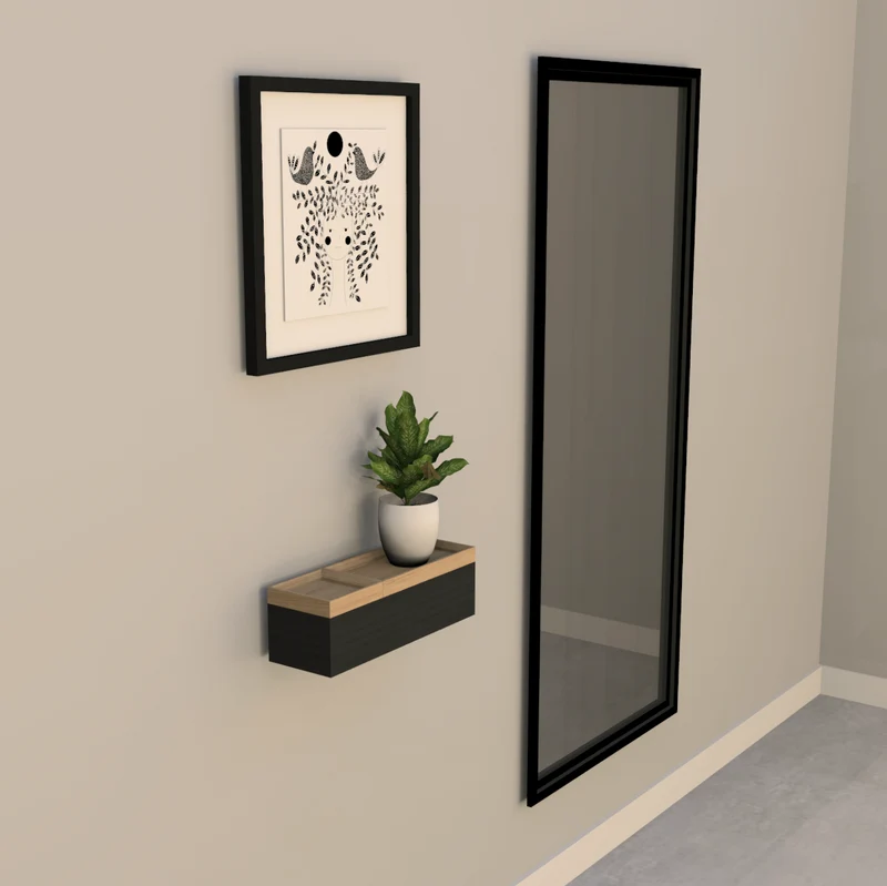 schmale Wandkonsole massive Eiche schwarz 36cm zwei Tabletts