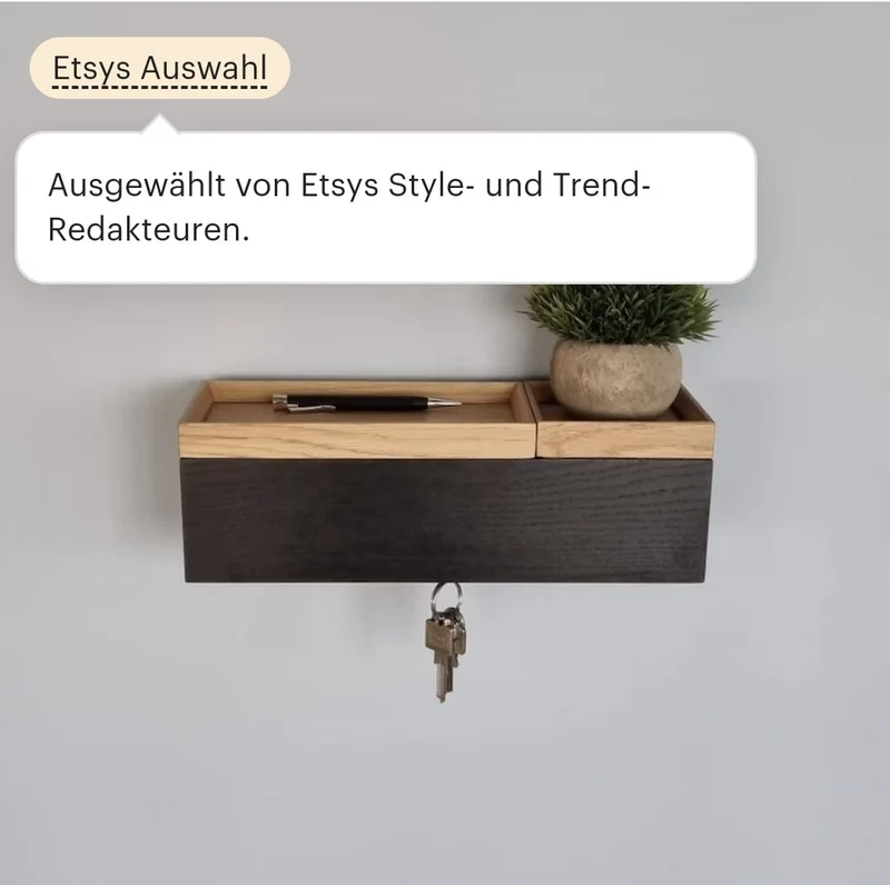 schmale Wandkonsole massive Eiche schwarz 36cm zwei Tabletts