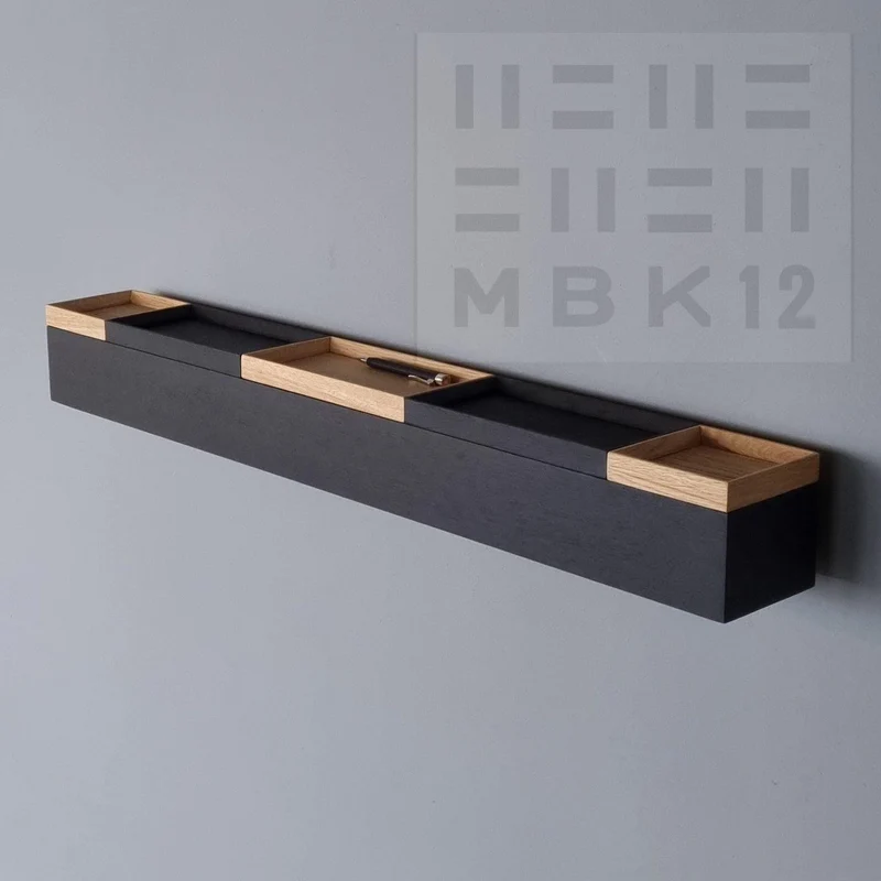 schmale Wandkonsole massive Eiche schwarz 96cm fünf Tabletts