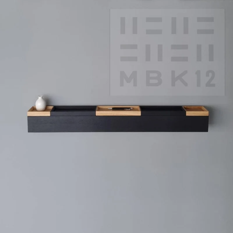 schmale Wandkonsole massive Eiche schwarz 96cm fünf Tabletts
