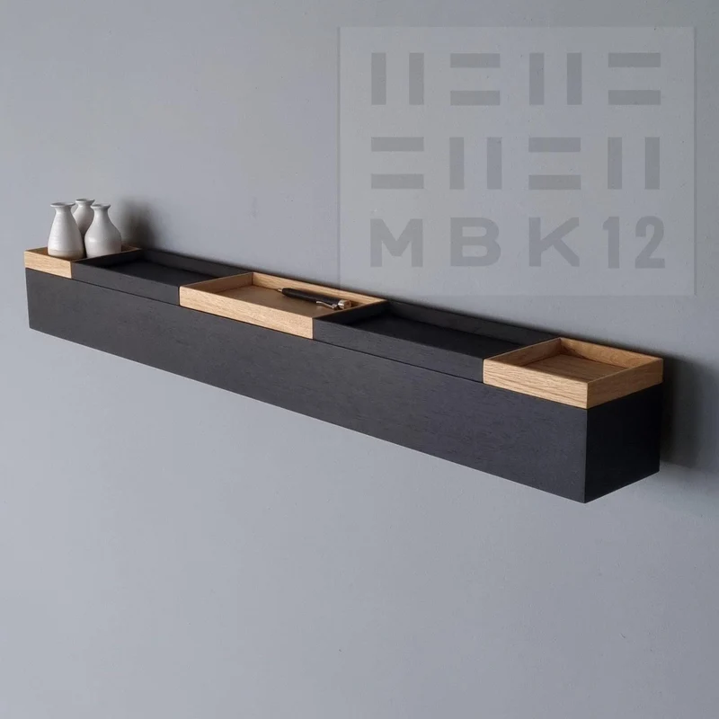 schmale Wandkonsole massive Eiche schwarz 96cm fünf Tabletts