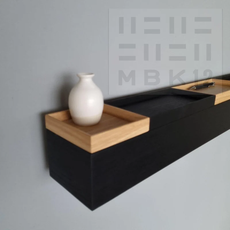 schmale Wandkonsole massive Eiche schwarz 96cm fünf Tabletts
