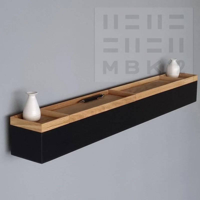 schmale Wandkonsole massive Eiche schwarz 96cm vier Tabletts