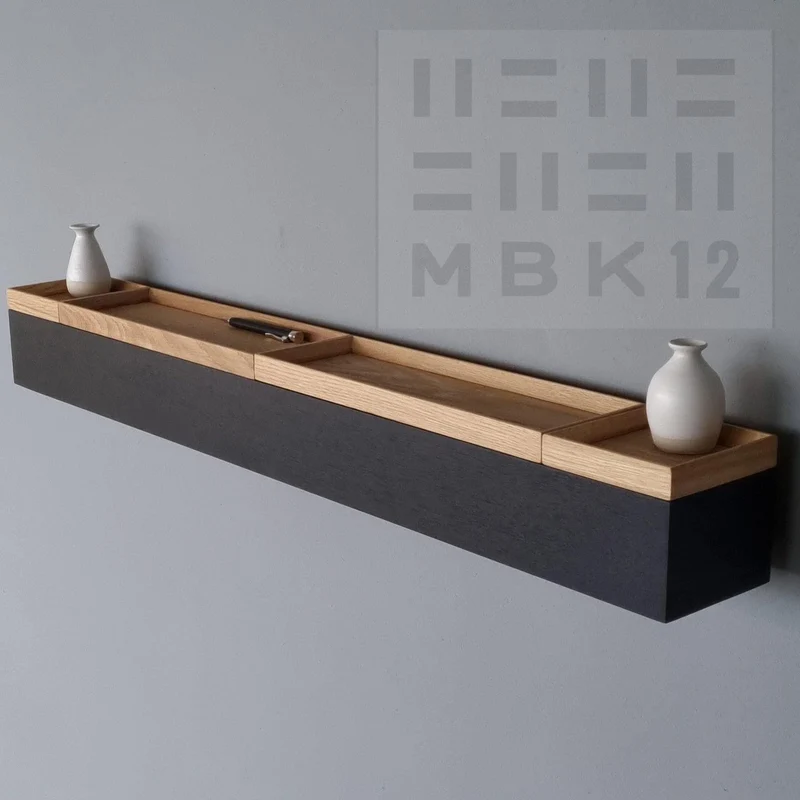 schmale Wandkonsole massive Eiche schwarz 96cm vier Tabletts