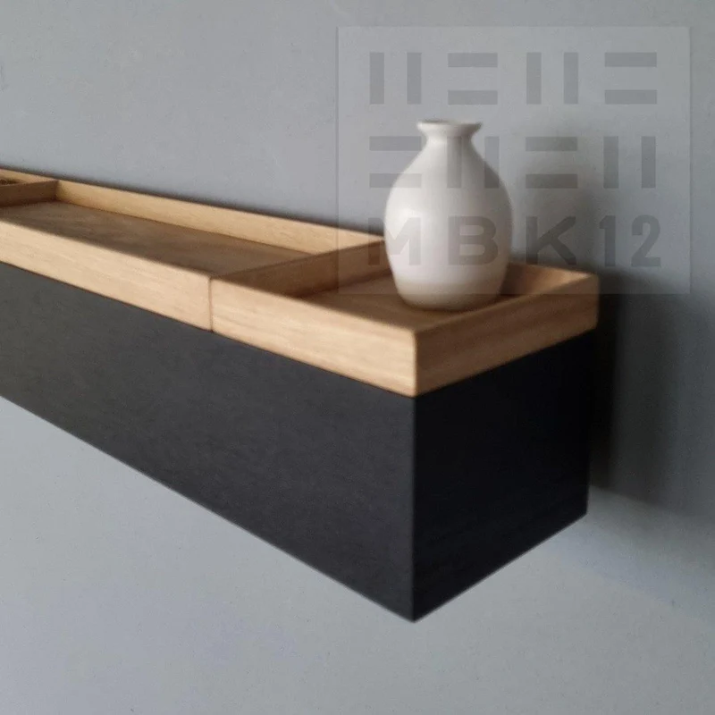 schmale Wandkonsole massive Eiche schwarz 96cm vier Tabletts