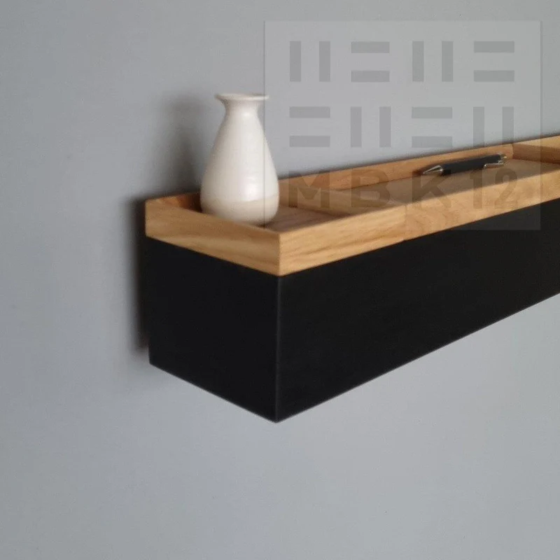 schmale Wandkonsole massive Eiche schwarz 96cm vier Tabletts