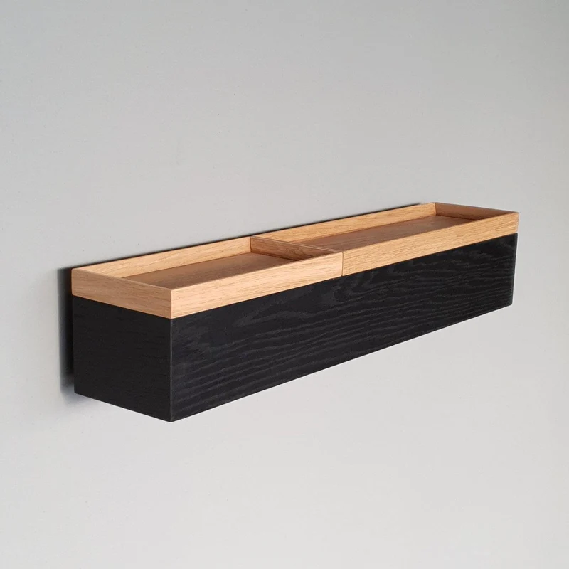 schmale Wandkonsole massive Eiche schwarz 60cm zwei Tabletts