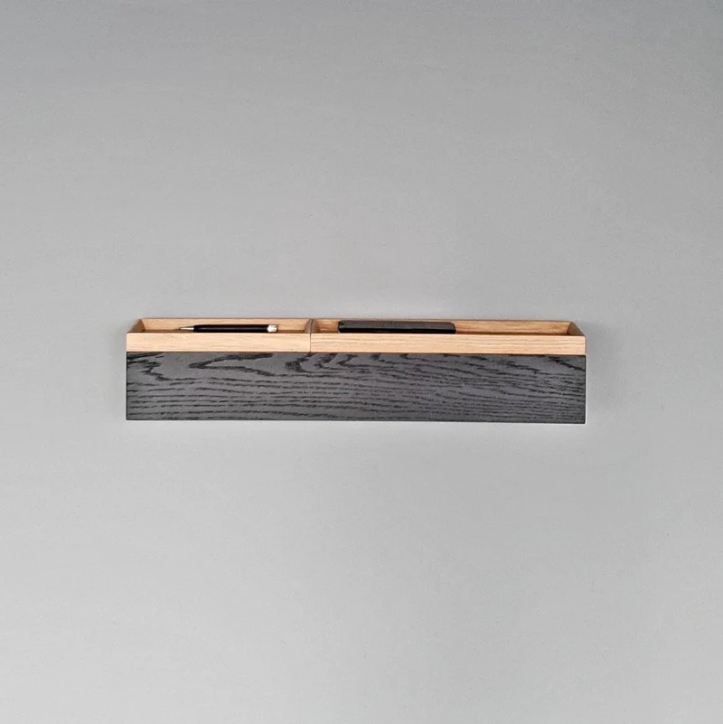 schmale Wandkonsole massive Eiche schwarz 60cm zwei Tabletts