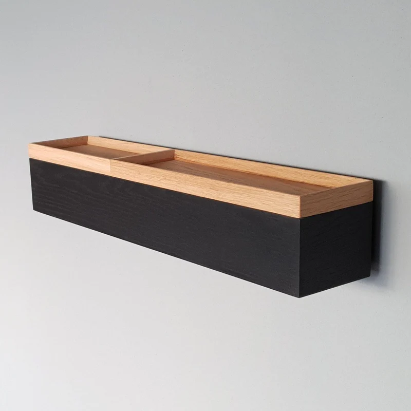schmale Wandkonsole massive Eiche schwarz 60cm zwei Tabletts