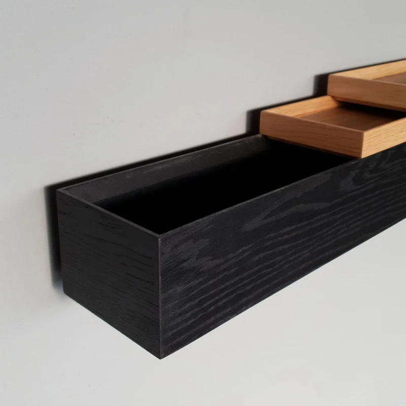 schmale Wandkonsole massive Eiche schwarz 60cm zwei Tabletts