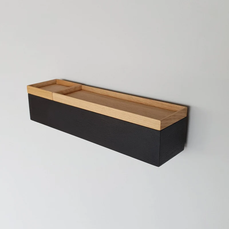 schmale Wandkonsole massive Eiche schwarz 48cm zwei Tabletts