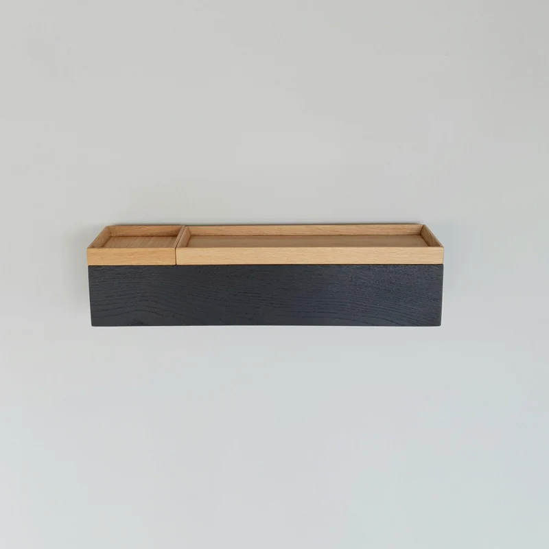 schmale Wandkonsole massive Eiche schwarz 48cm zwei Tabletts