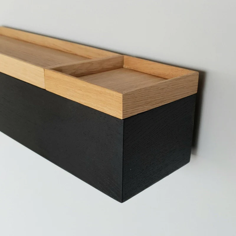 schmale Wandkonsole massive Eiche schwarz 48cm zwei Tabletts