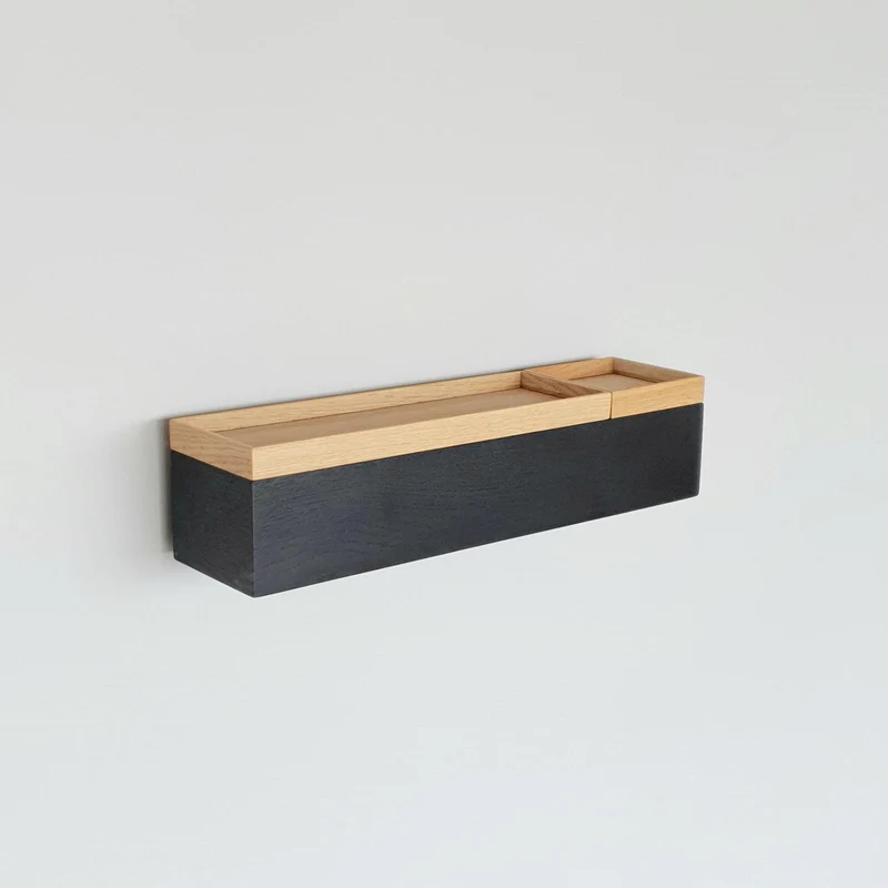 schmale Wandkonsole massive Eiche schwarz 48cm zwei Tabletts