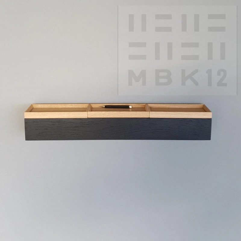 schmale Wandkonsole massive Eiche schwarz 72cm drei Tabletts
