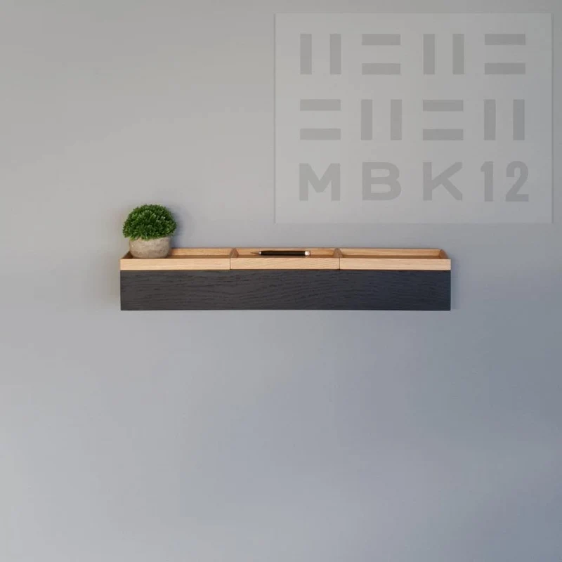 schmale Wandkonsole massive Eiche schwarz 72cm drei Tabletts