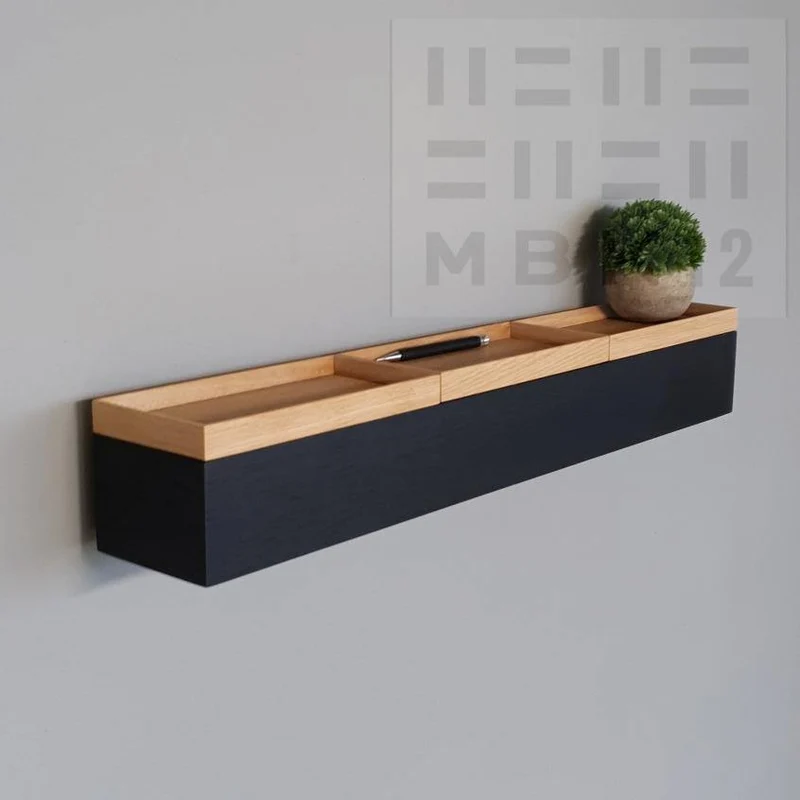 schmale Wandkonsole massive Eiche schwarz 72cm drei Tabletts