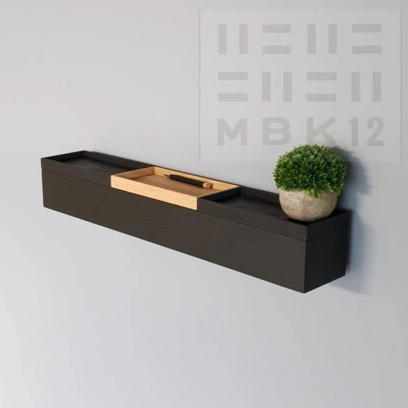 schmale Wandkonsole massive Eiche schwarz 72cm drei Tabletts