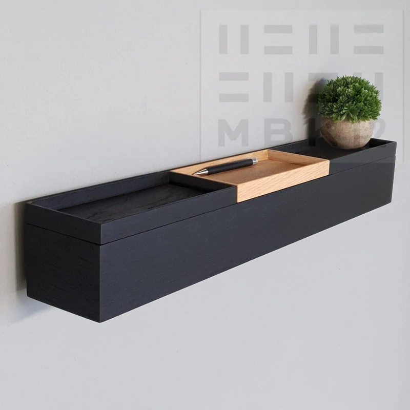 schmale Wandkonsole massive Eiche schwarz 72cm drei Tabletts