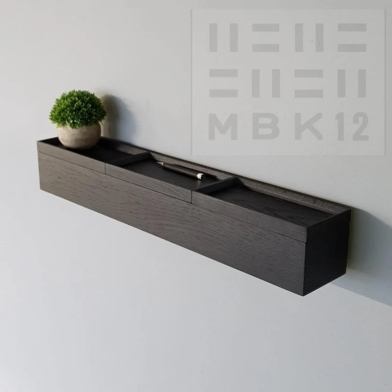 schmale Wandkonsole massive Eiche schwarz 72cm drei Tabletts