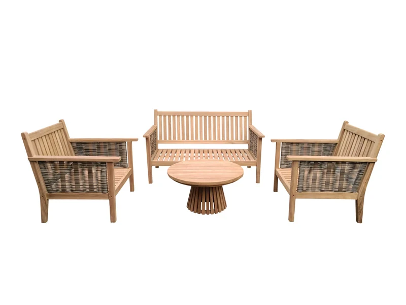 Garten-Sitzgarnitur Set Holz, Gartenbank mit zwei Sessel und Gartentisch rund, Gartenlounge Teak Naturholz