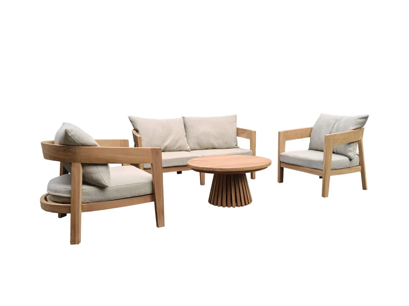 Garten-Sitzgarnitur Set, Gartenbank mit zwei Sessel und Gartentisch rund, Gartenlounge Teak Naturholz