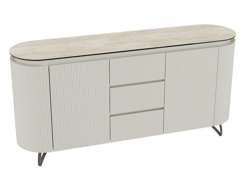 Sideboard Elfenbein-weiß Marmoroptik, Sideboard Travertin-weiß mit Schubladen Keramikplatte, ovale Anrichte weiß-Elfenbein Keramik, Breite 170 cm