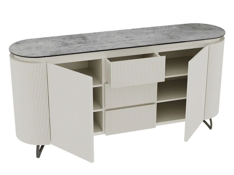 Sideboard Elfenbein-weiß Marmoroptik, Sideboard oval mit Schubladen Keramikplatte, ovale Anrichte weiß-Elfenbein Keramik, Breite 170 cm