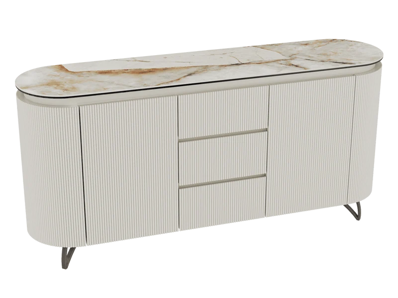 Sideboard Elfenbein-weiß Marmoroptik, Sideboard oval mit Schubladen Keramikplatte, ovale Anrichte weiß-Elfenbein Keramik, Breite 170 cm