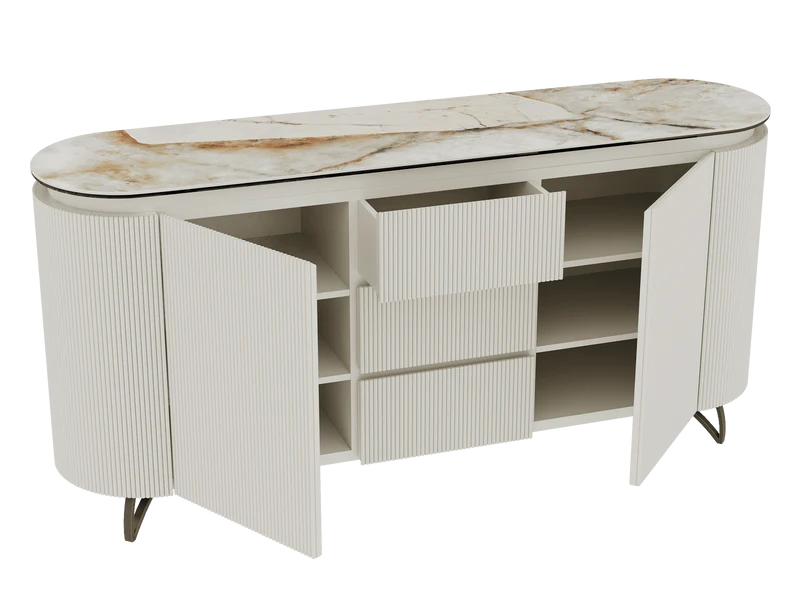 Sideboard Elfenbein-weiß Marmoroptik, Sideboard oval mit Schubladen Keramikplatte, ovale Anrichte weiß-Elfenbein Keramik, Breite 170 cm