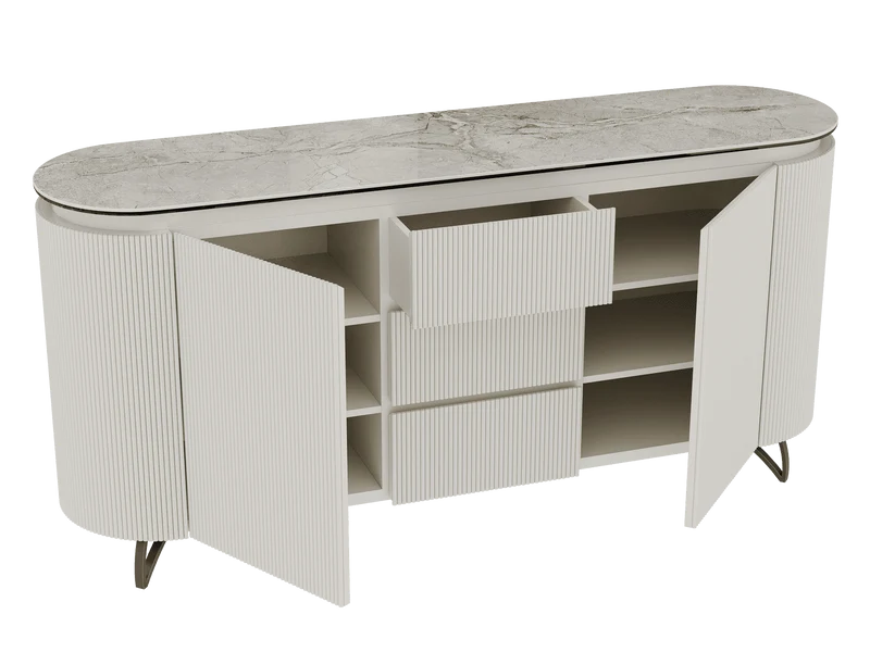 Sideboard Elfenbein-weiß Marmoroptik, Sideboard weiß mit Schubladen Keramikplatte, ovale Anrichte Keramik, Breite 170 cm