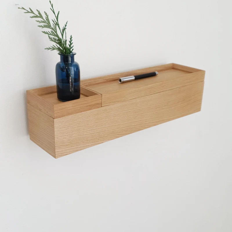 schmale Wandkonsole massive Eiche natur 48cm zwei Tabletts