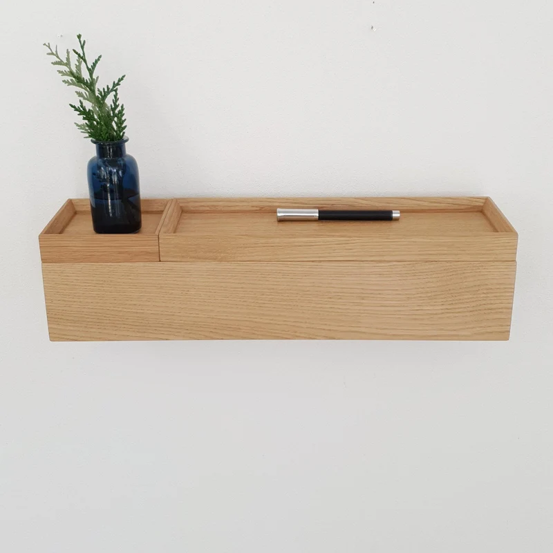 schmale Wandkonsole massive Eiche natur 48cm zwei Tabletts