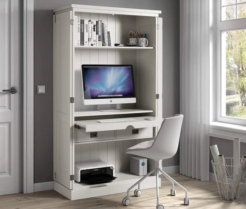 Homeoffice-Schrank weiß Landhaus, Computerschrank weiß Landhaus, Breite 100 cm