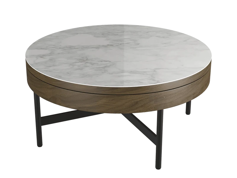 Couchtisch Walnuss-braun Keramik, runder Keramik Couchtisch weiß-braun, Durchmesser 85 cm