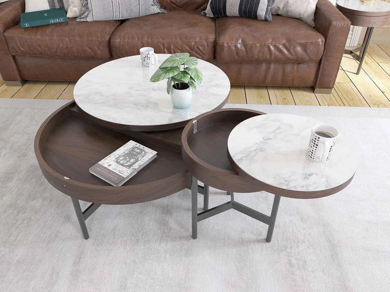 Couchtisch Walnuss-braun Keramik, runder Keramik Couchtisch weiß-braun, Durchmesser 85 cm