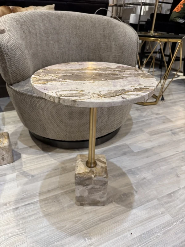 Beistelltisch rund Marmor, runder Beistelltisch Gold-beige Marmor, Höhe 55 cm