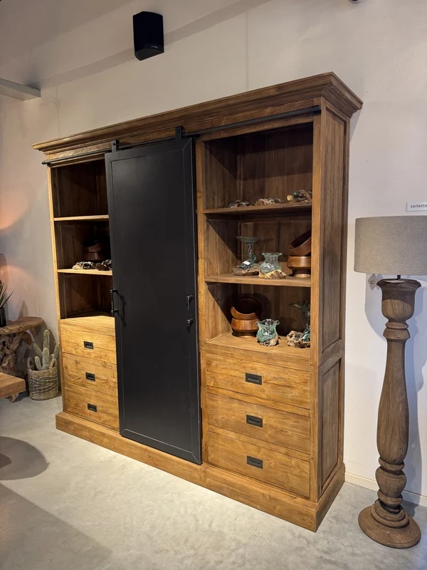 Wohnzimmerschrank braun-schwarz Holz, Schrank Metall Teak-Holz, Breite 210 cm