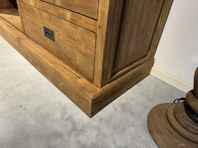 Wohnzimmerschrank braun-schwarz Holz, Schrank Metall Teak-Holz, Breite 210 cm