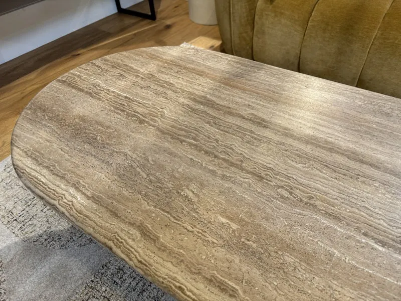 Couchtisch und Beistelltisch 2er Set Travertin-Stein, Beistelltisch Travertinstein rund braun, Maße 60-120 cm