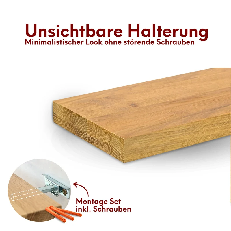 Schwebendes Wandregal aus massiver Eiche – Natur geöltes Massivholz Regal für stilvolle Wanddekoration Eiche ohne Baumkante 100 cm