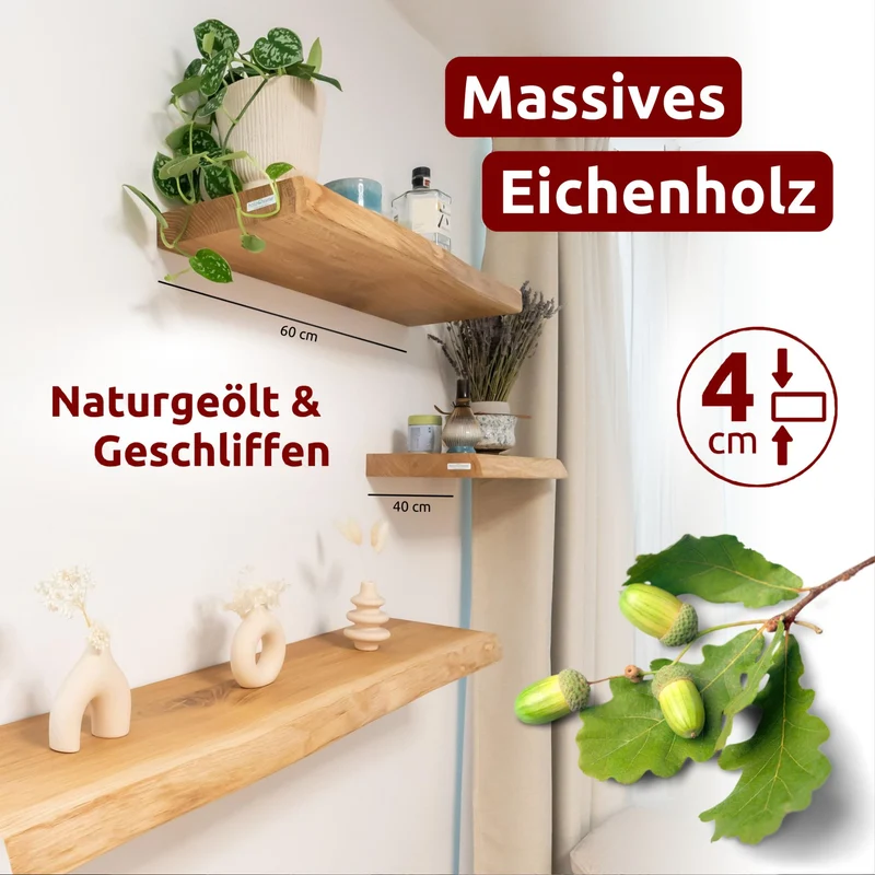 Schwebendes Wandregal aus massiver Eiche – Natur geöltes Massivholz Regal für stilvolle Wanddekoration Eiche ohne Baumkante 100 cm
