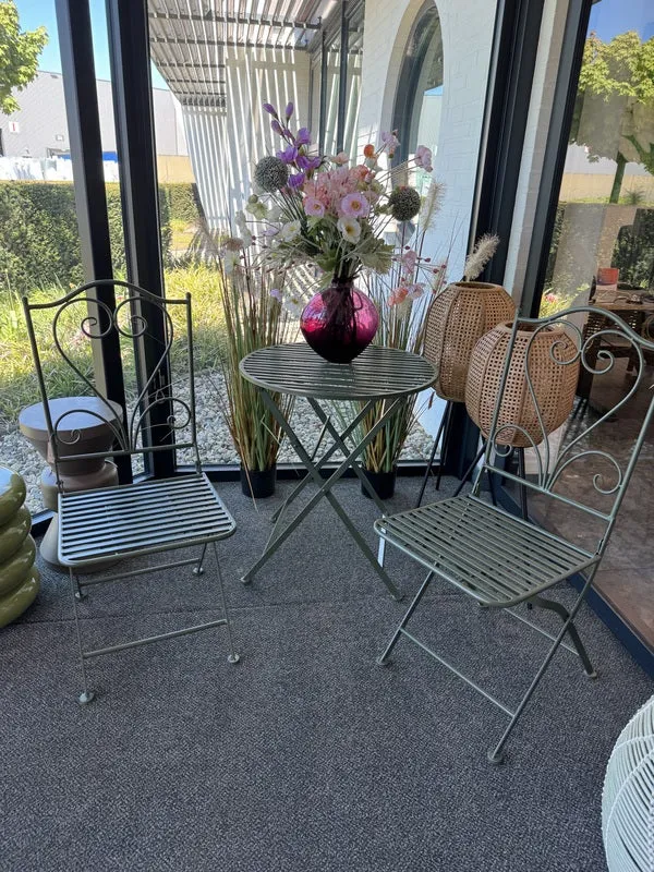 3er Set, Gartentisch rund mit zwei Stühlen Metall, Metall Gartenstuhl, Gartentisch grün Metall