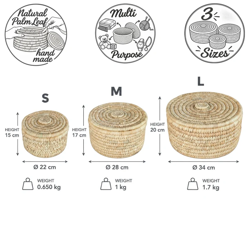 3er-Set – Runder Aufbewahrungskorb mit Deckel