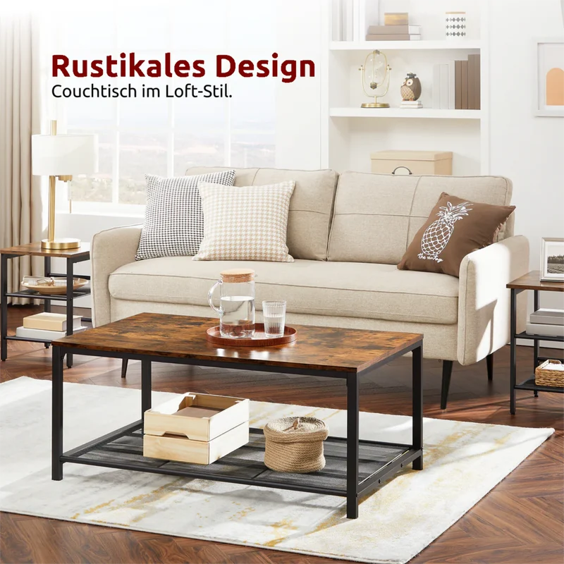 Couchtisch, Wohnzimmertisch, Holz & schwarzes Metall, stabil & langlebig, Couch Tisch für Wohnzimmer & Sofa, moderner Industrial Stil Indie
