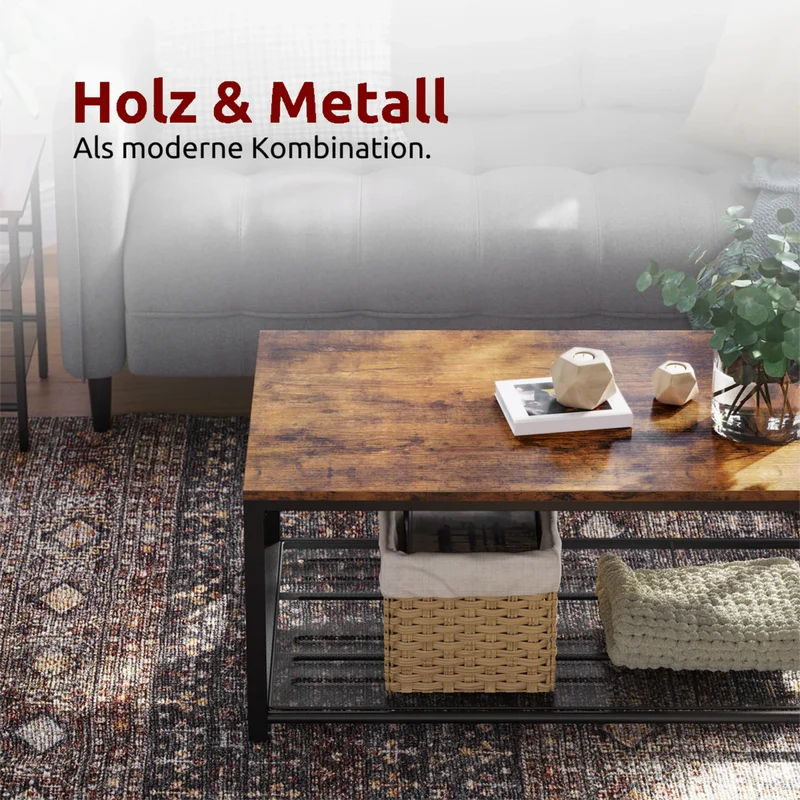 Couchtisch, Wohnzimmertisch, Holz & schwarzes Metall, stabil & langlebig, Couch Tisch für Wohnzimmer & Sofa, moderner Industrial Stil Indie
